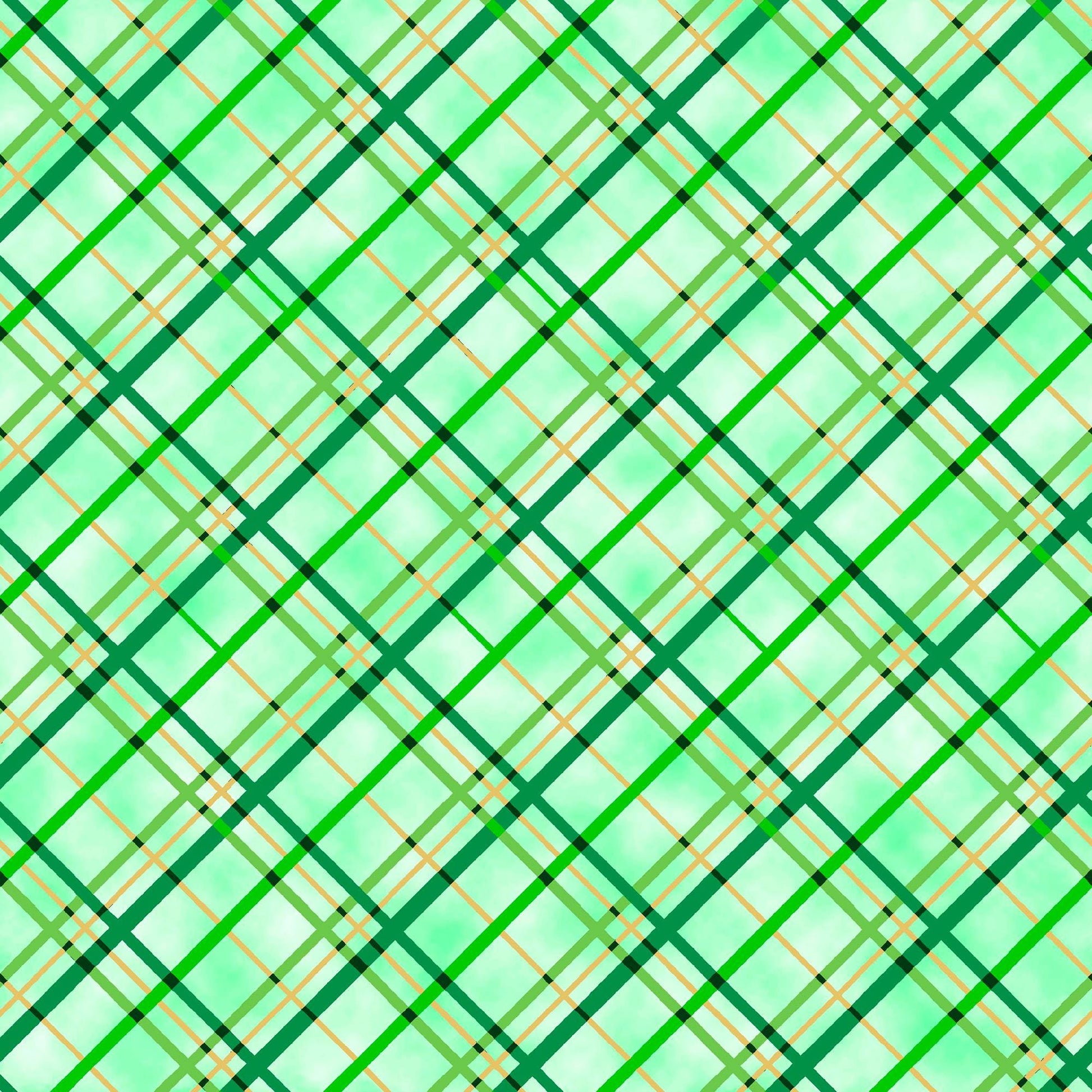 Image of the St. Paddys Cheer Biased Plaid Mint quilting cotton fabric by QT Fabrics. Features green diagonal stripes on a green background. 
Cute Little Fabric Shop.