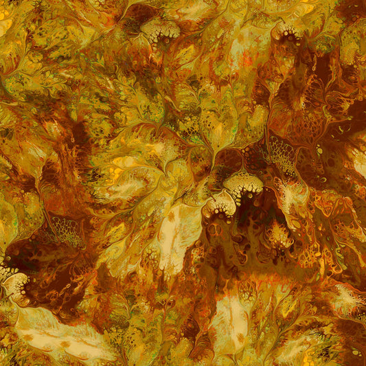 Image of the Mixology Stir Amber quilting cotton fabric by Ocllo Mason For QT Fabrics. Features acrylic swirls on a gold orange background. 
Cute Little Fabric Shop