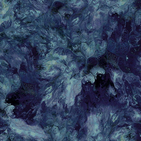 Image of the Mixology Stir Midnight quilting cotton fabric by Ocllo Mason For QT Fabrics. Features acrylic swirls on a blue background. 
Cute Little Fabric Shop