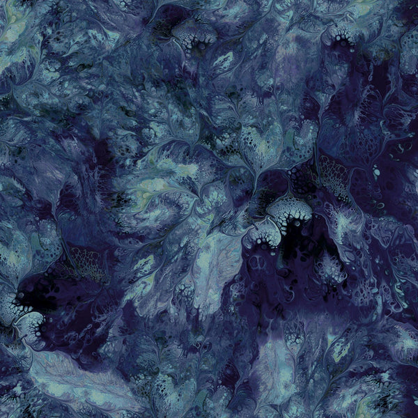 Image of the Mixology Stir Midnight quilting cotton fabric by Ocllo Mason For QT Fabrics. Features acrylic swirls on a blue background. 
Cute Little Fabric Shop