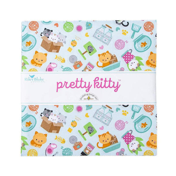 Image of the Pretty Kitty 10 inch stacker by Doodlebug Design Inc. for Riley Blake Designs. Features cat themed fabrics on various backgrounds. 
Cute Little Fabric Shop