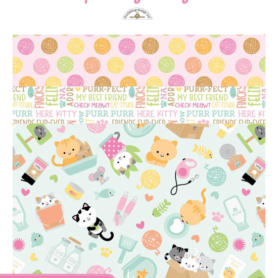 Image of the Pretty Kitty Storyboard by Doodlebug Design Inc. for Riley Blake Designs. Features cat themed fabrics on various backgrounds. 
Cute Little Fabric Shop