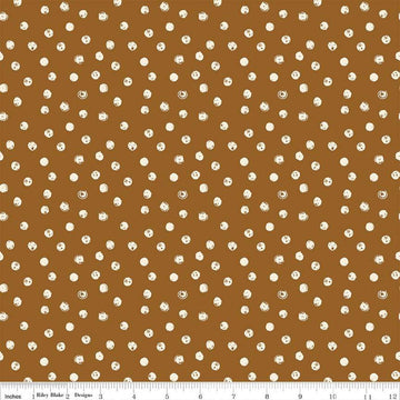 Blush 'n Butterscotch Dots Cinnamon quilting cotton fabric by Simple Simon & Company for Riley Blake Designs. Features small dots on a brown background. Cute Little Fabric Shop