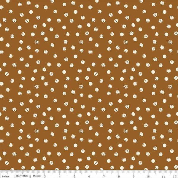 Blush &#39;n Butterscotch Dots Cinnamon quilting cotton fabric by Simple Simon & Company for Riley Blake Designs. Features small dots on a brown background. Cute Little Fabric Shop