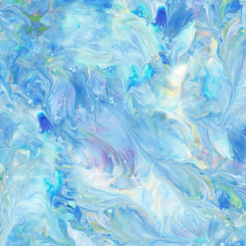 Image of the Mixology Mix Sky quilting cotton fabric by Ocllo Mason For QT Fabrics. Features acrylic swirls on a blue background. 
Cute Little Fabric Shop