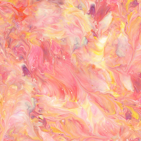 Image of the Mixology Mix Salmon quilting cotton fabric by Ocllo Mason For QT Fabrics. Features acrylic swirls on a pink background. 
Cute Little Fabric Shop