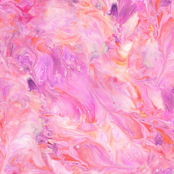 Image of the Mixology Mix Pink quilting cotton fabric by Ocllo Mason For QT Fabrics. Features acrylic swirls on a pink background. 
Cute Little Fabric Shop