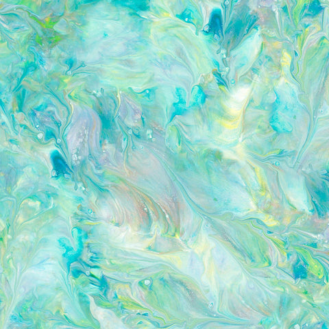 Image of the Mixology Mix Aqua  quilting cotton fabric by Ocllo Mason For QT Fabrics. Features acrylic swirls on an aqua background. 
Cute Little Fabric Shop