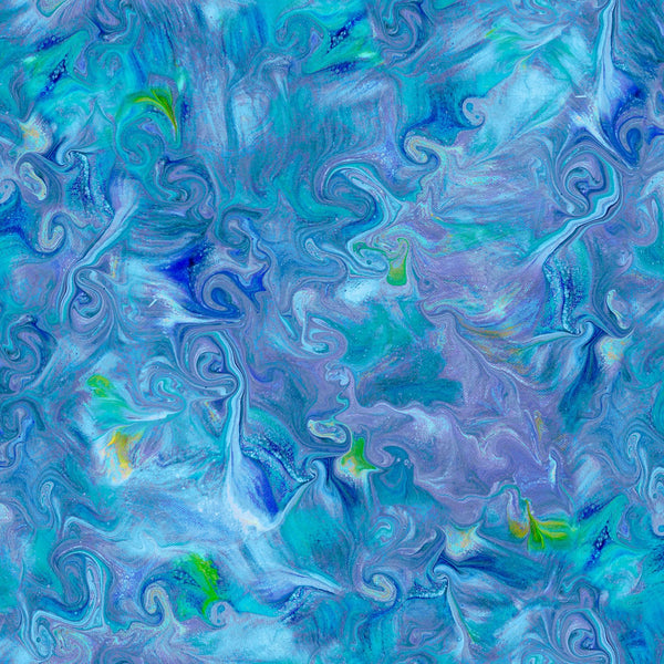 Image of the Mixology Blend Ocean quilting cotton fabric by Ocllo Mason For QT Fabrics. Features acrylic swirls on a blue background. 
Cute Little Fabric Shop