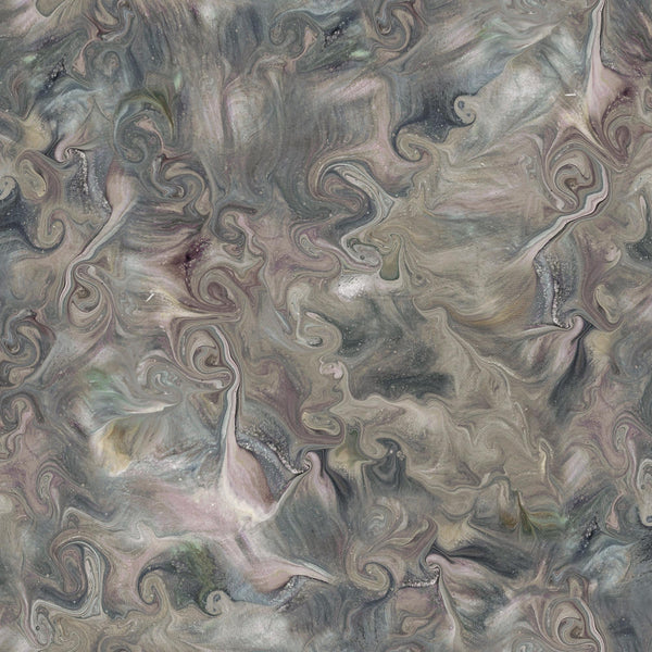 Image of the Mixology Blend Smoke quilting cotton fabric by Ocllo Mason For QT Fabrics. Features acrylic swirls on a gray background. 
Cute Little Fabric Shop