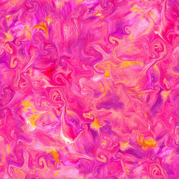 Image of the Mixology Blend Bubblegum P quilting cotton fabric by Ocllo Mason For QT Fabrics. Features acrylic swirls on a pink background. 
Cute Little Fabric Shop