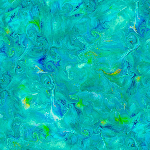Image of the Mixology Blend Turquoise quilting cotton fabric by Ocllo Mason For QT Fabrics. Features acrylic swirls on a teal blue background. 
Cute Little Fabric Shop