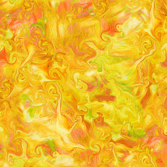 Image of the Mixology Blend Dandelion quilting cotton fabric by Ocllo Mason For QT Fabrics. Features acrylic swirls on a bright yellow background. 
Cute Little Fabric Shop