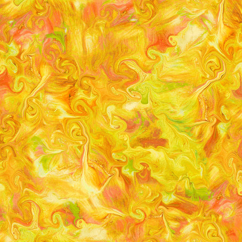Image of the Mixology Blend Dandelion quilting cotton fabric by Ocllo Mason For QT Fabrics. Features acrylic swirls on a bright yellow background. 
Cute Little Fabric Shop