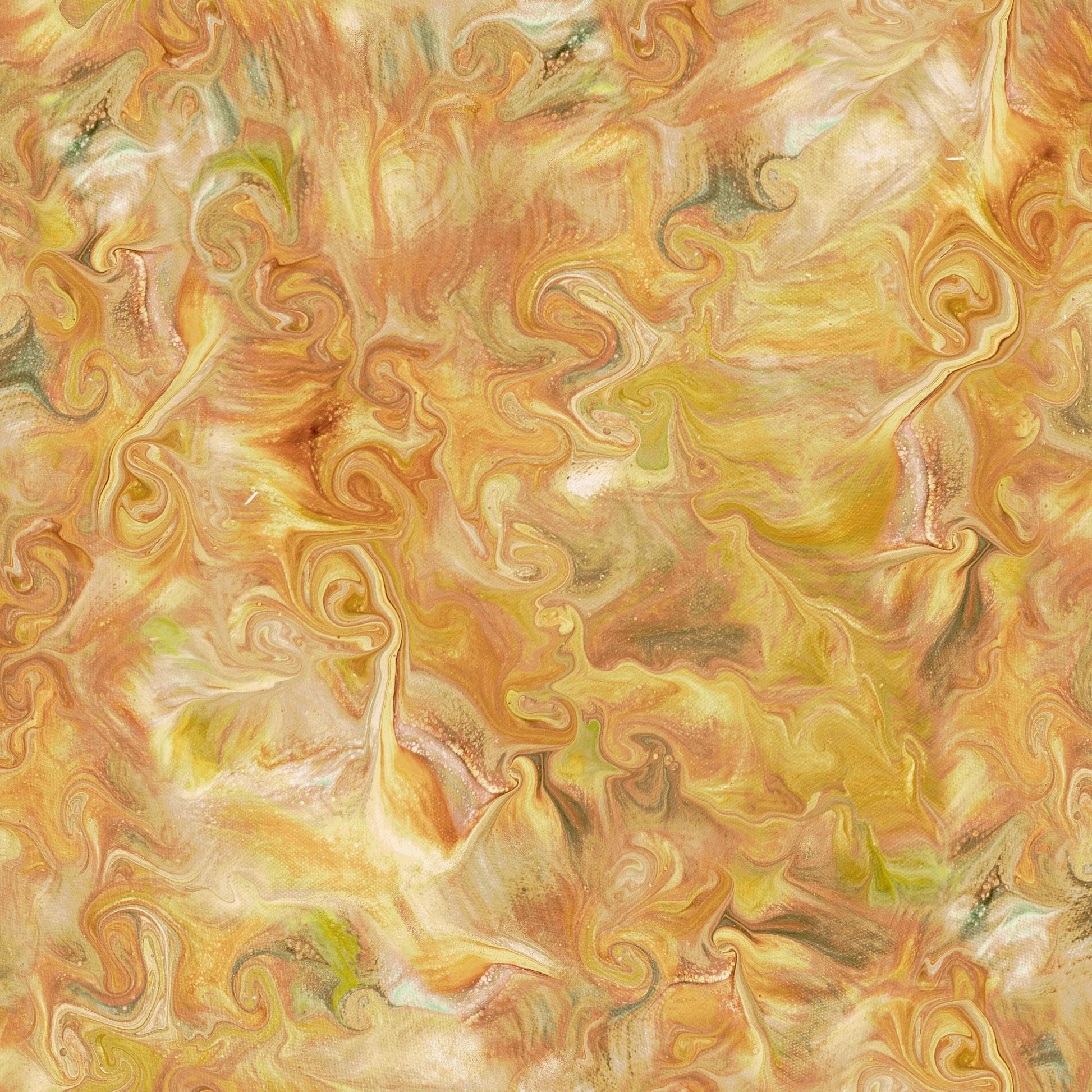 Image of the Mixology Blend Butterscotch quilting cotton fabric by Ocllo Mason For QT Fabrics. Features acrylic swirls on a muted yellow background. 
Cute Little Fabric Shop