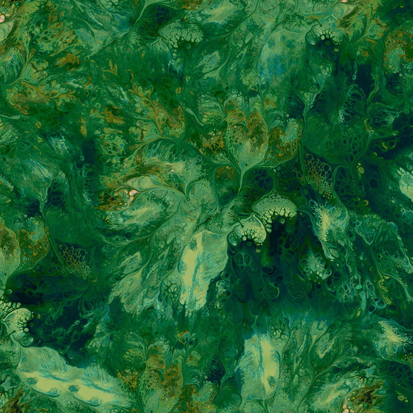 Image of the Mixology Stir  Forest quilting cotton fabric by Ocllo Mason For QT Fabrics. Features acrylic swirls on a green background. 
Cute Little Fabric Shop