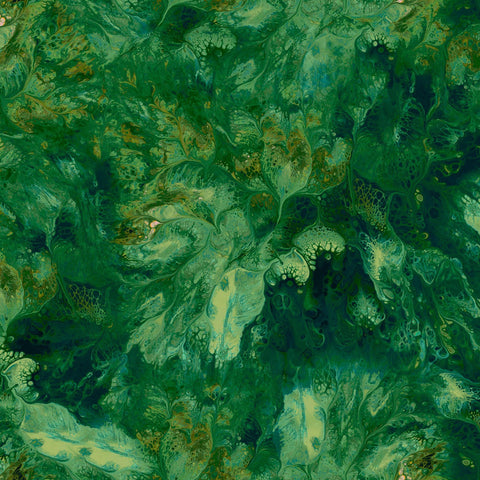 Image of the Mixology Stir  Forest quilting cotton fabric by Ocllo Mason For QT Fabrics. Features acrylic swirls on a green background. 
Cute Little Fabric Shop