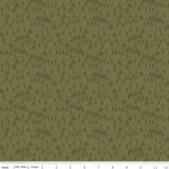 Image of the Sewing Your Oats Leaves Green Quilting cotton fabric by Karen Walker for Riley Blake Designs. Features branches and leaves on a green background. Cute Little Fabric Shop.