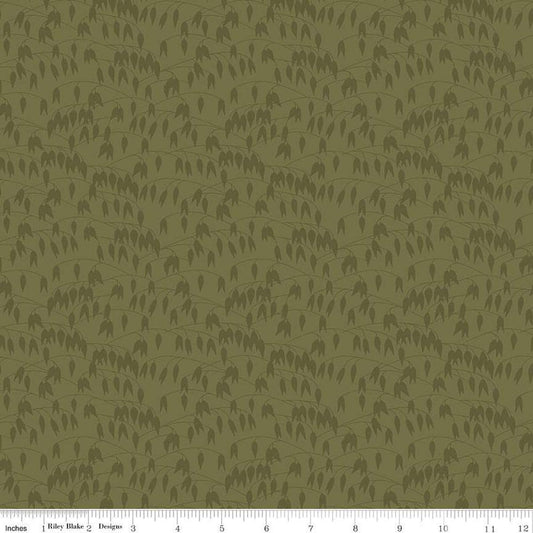Image of the Sewing Your Oats Leaves Green Quilting cotton fabric by Karen Walker for Riley Blake Designs. Features branches and leaves on a green background. Cute Little Fabric Shop.