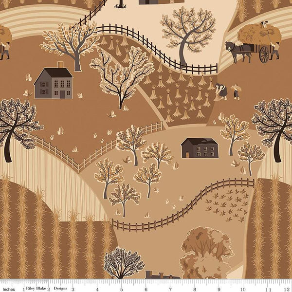 Image of the Sewing Your Oats Main Wheat Quilting cotton fabric by Karen Walker for Riley Blake Designs. Features a landscape on a tan background. Cute Little Fabric Shop.