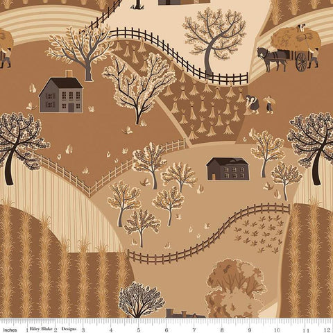 Image of the Sewing Your Oats Main Wheat Quilting cotton fabric by Karen Walker for Riley Blake Designs. Features a landscape on a tan background. Cute Little Fabric Shop.