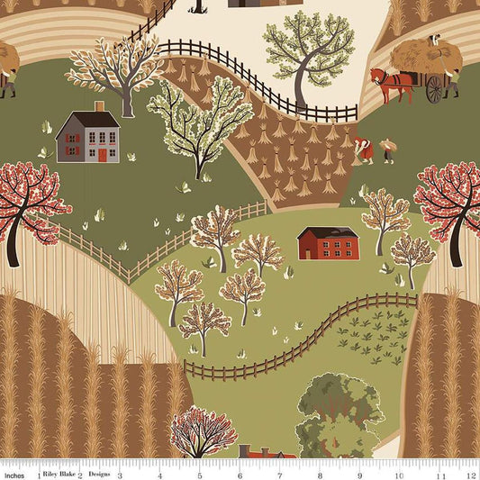 Image of the Sewing Your Oats Main Multi Quilting cotton fabric by Karen Walker for Riley Blake Designs. Features a landscape on a tan background. Cute Little Fabric Shop.
