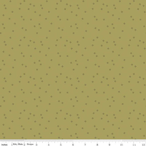 Image of the Sewing Your Oats Squares Olive Quilting cotton fabric by Karen Walker for Riley Blake Designs. Features small squares on a green background. Cute Little Fabric Shop.