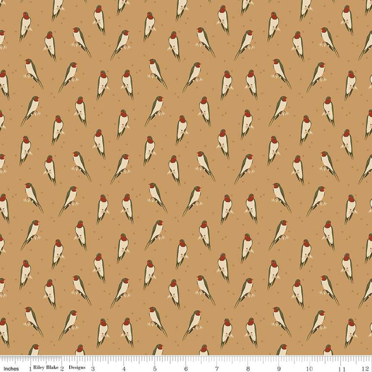 Image of the Sewing Your Oats Birds Wheat Quilting cotton fabric by Karen Walker for Riley Blake Designs. Features small birds on a gold background. Cute Little Fabric Shop.