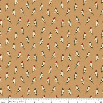 Image of the Sewing Your Oats Birds Wheat Quilting cotton fabric by Karen Walker for Riley Blake Designs. Features small birds on a gold background. Cute Little Fabric Shop.