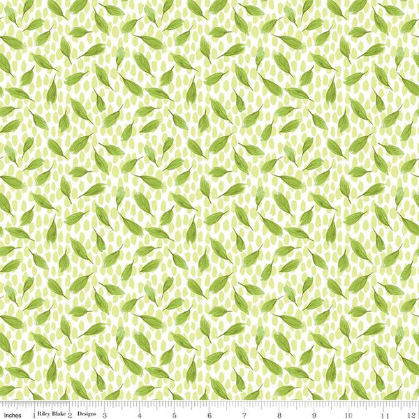 Image of the Plum Petals Leaves Fern quilting cotton fabric by Diane Labombarbe for Riley Blake Designs. Features small leaves on a green background. Cute Little Fabric Shop