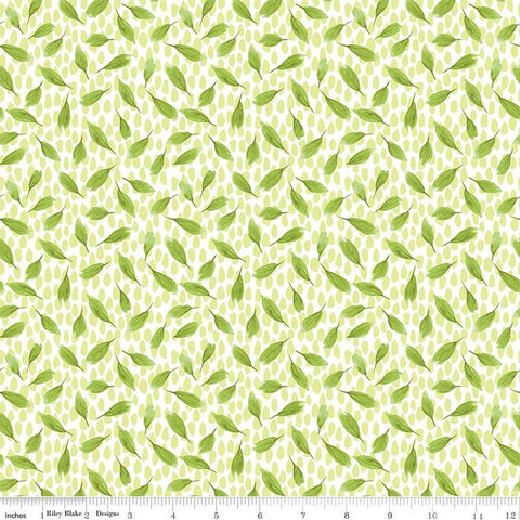 Image of the Plum Petals Leaves Fern quilting cotton fabric by Diane Labombarbe for Riley Blake Designs. Features small leaves on a green background. Cute Little Fabric Shop