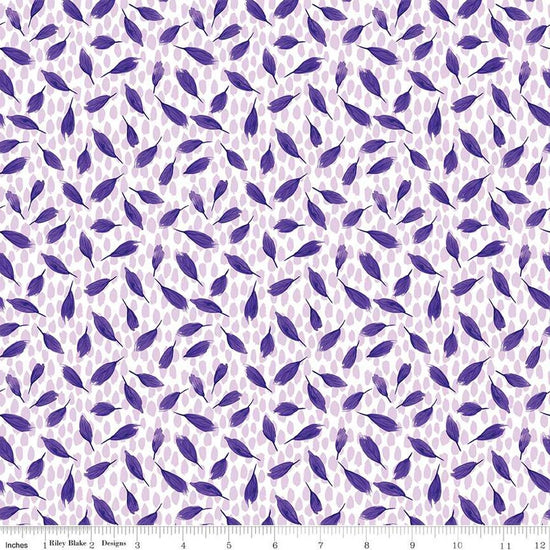 Image of the Plum Petals Leaves Cloud quilting cotton fabric by Diane Labombarbe for Riley Blake Designs. Features small leaves on a white background. Cute Little Fabric Shop