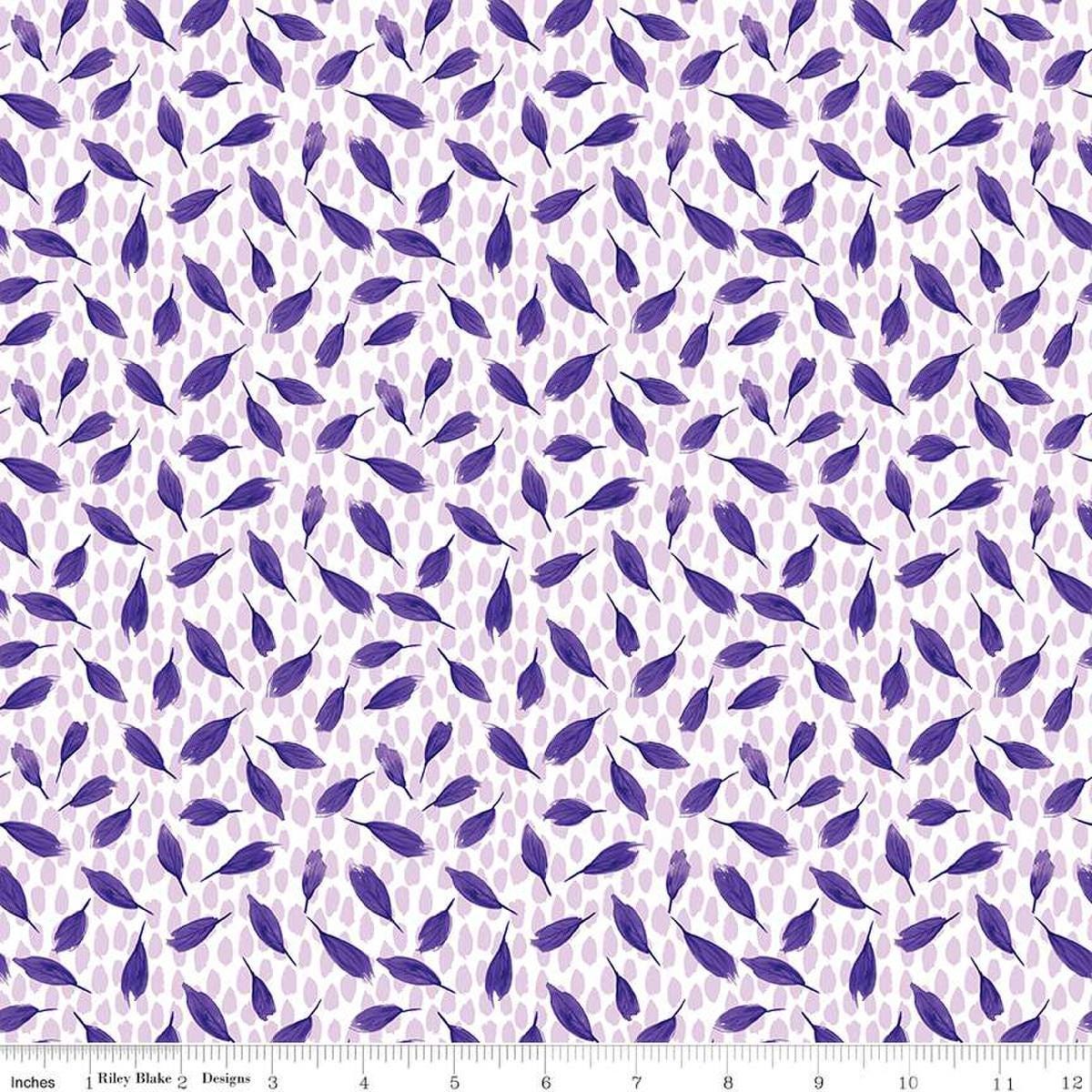 Image of the Plum Petals Leaves Cloud quilting cotton fabric by Diane Labombarbe for Riley Blake Designs. Features small leaves on a white background. Cute Little Fabric Shop