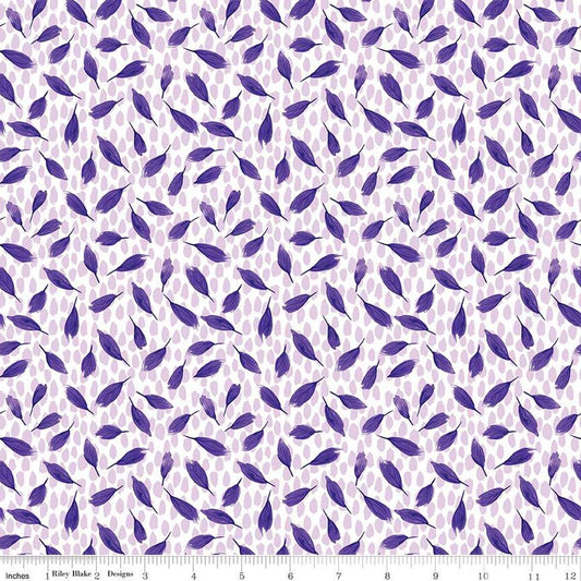 Image of the Plum Petals Leaves Cloud quilting cotton fabric by Diane Labombarbe for Riley Blake Designs. Features small leaves on a white background. Cute Little Fabric Shop