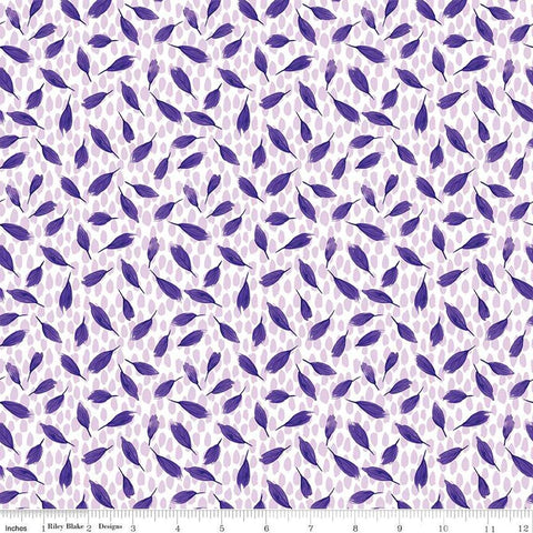 Image of the Plum Petals Leaves Cloud quilting cotton fabric by Diane Labombarbe for Riley Blake Designs. Features small leaves on a white background. Cute Little Fabric Shop