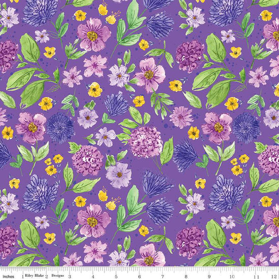 Image of the Plum Petals Floral Violet quilting cotton fabric by Diane Labombarbe for Riley Blake Designs. Features flowers on a purple background. Cute Little Fabric Shop