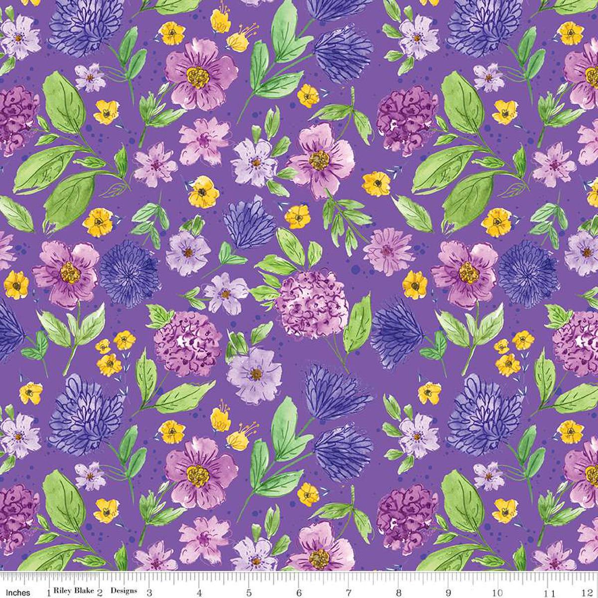 Image of the Plum Petals Floral Violet quilting cotton fabric by Diane Labombarbe for Riley Blake Designs. Features flowers on a purple background. Cute Little Fabric Shop