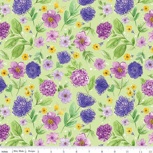 Image of the Plum Petals Floral Fern quilting cotton fabric by Diane Labombarbe for Riley Blake Designs. Features flowers on a green background. Cute Little Fabric Shop