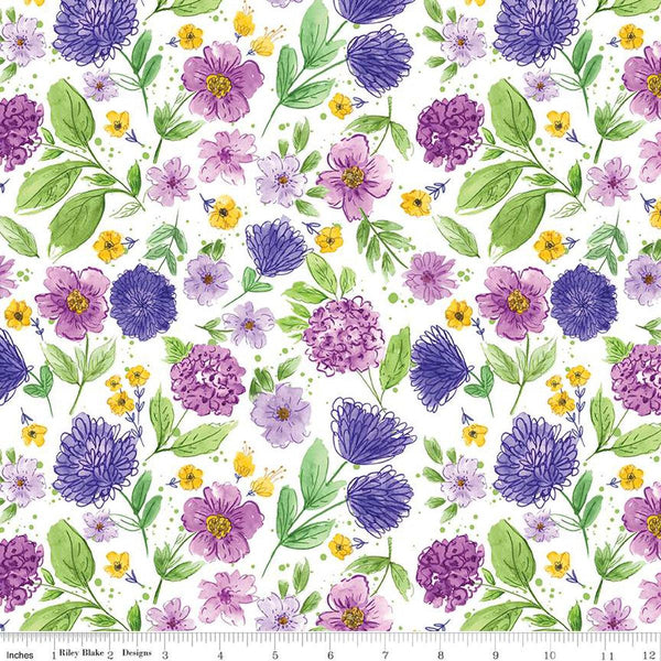 Image of the Plum Petals Floral Cloud quilting cotton fabric by Diane Labombarbe for Riley Blake Designs. Features flowers on a white background. Cute Little Fabric Shop