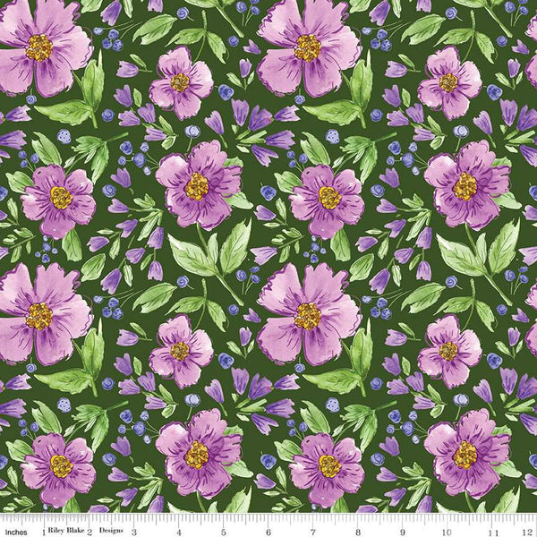 Image of the Plum Petals Main Green quilting cotton fabric by Diane Labombarbe for Riley Blake Designs. Features flowers on a green background. Cute Little Fabric Shop