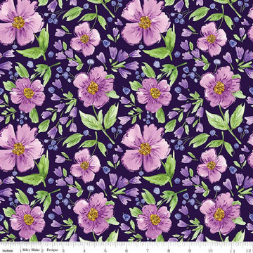Image of the Plum Petals Main Purple quilting cotton fabric by Diane Labombarbe for Riley Blake Designs. Features flowers on a purple background. Cute Little Fabric Shop