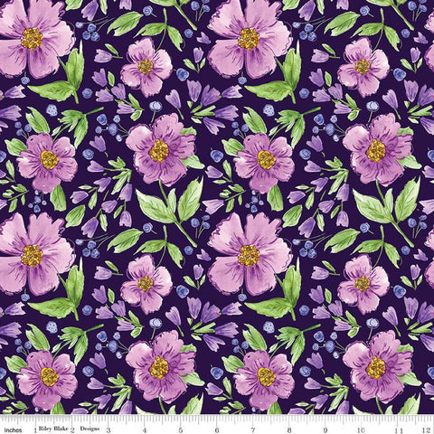 Image of the Plum Petals Main Purple quilting cotton fabric by Diane Labombarbe for Riley Blake Designs. Features flowers on a purple background. Cute Little Fabric Shop