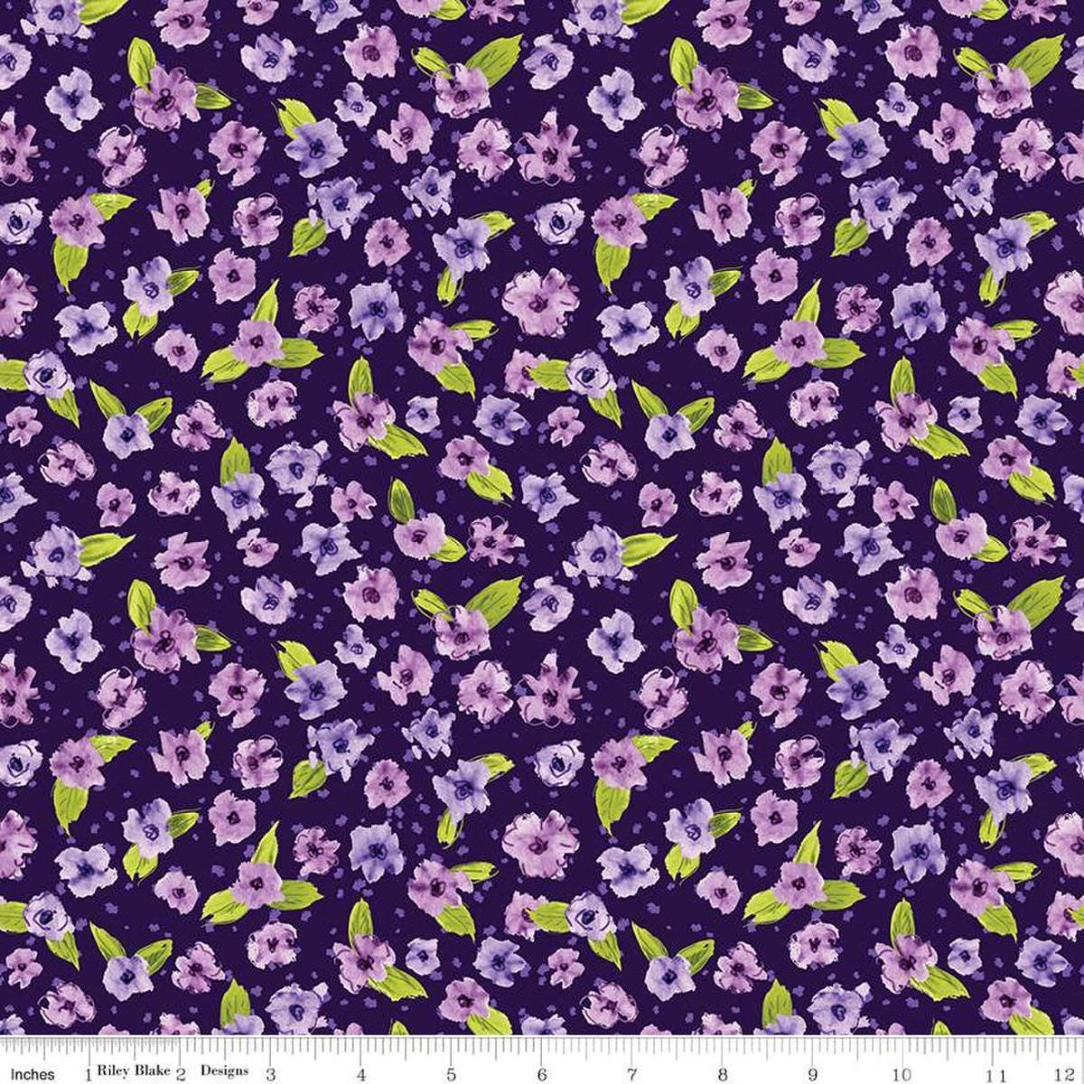Image of the Plum Petals Small Flowers Purple quilting cotton fabric by Diane Labombarbe for Riley Blake Designs. Features flowers on a purple background. Cute Little Fabric Shop