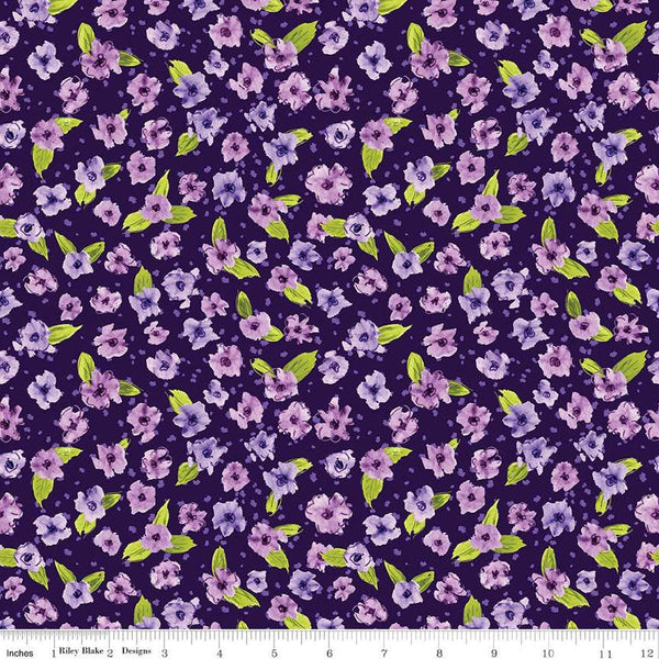 Image of the Plum Petals Small Flowers Purple quilting cotton fabric by Diane Labombarbe for Riley Blake Designs. Features flowers on a purple background. Cute Little Fabric Shop
