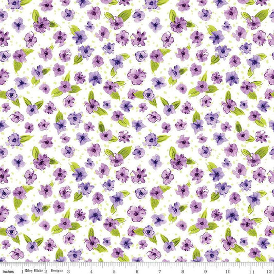 Image of the Plum Petals Small Flowers Cloud quilting cotton fabric by Diane Labombarbe for Riley Blake Designs. Features flowers on a white background. Cute Little Fabric Shop