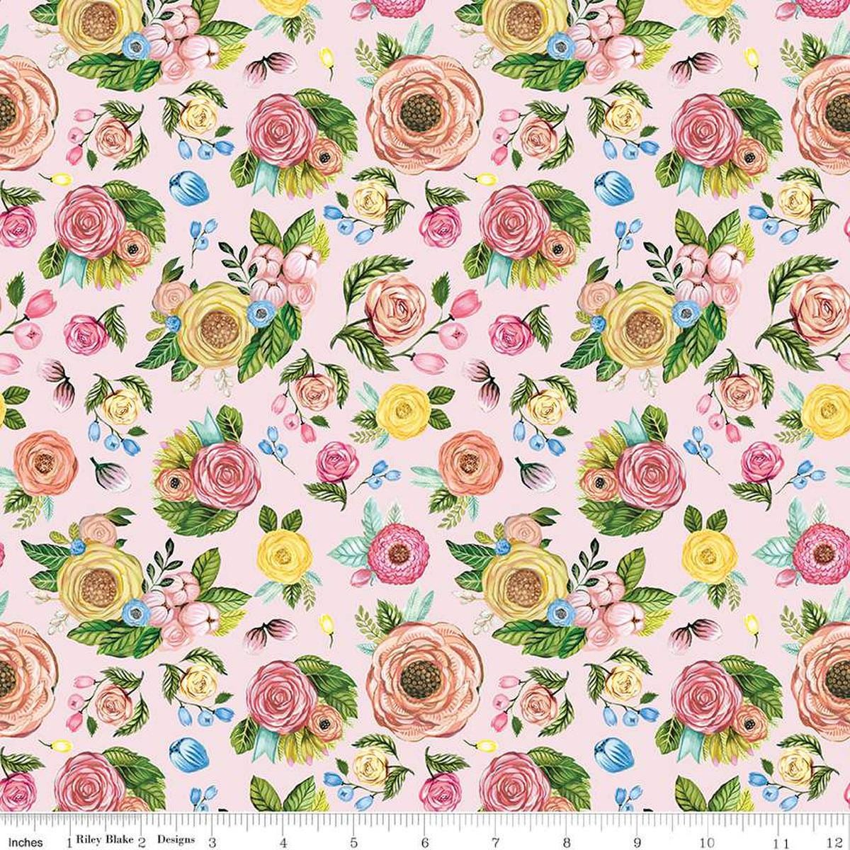 Image of the Sweet Spring Floral Pink quilting cotton fabric by Hester & Cook for Riley Blake Designs. Features flowers on a pink background. Cute Little Fabric Shop