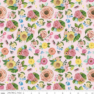 Image of the Sweet Spring Floral Pink quilting cotton fabric by Hester & Cook for Riley Blake Designs. Features flowers on a pink background. Cute Little Fabric Shop