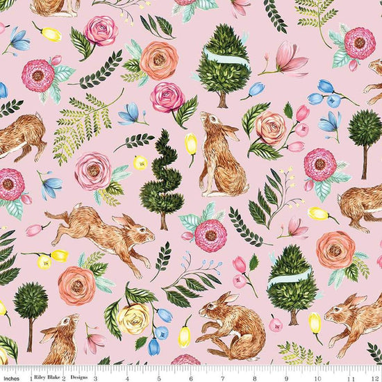 Image of the Sweet Spring Main Pink quilting cotton fabric by Hester & Cook for Riley Blake Designs. Features flowers on a pink background. Cute Little Fabric Shop