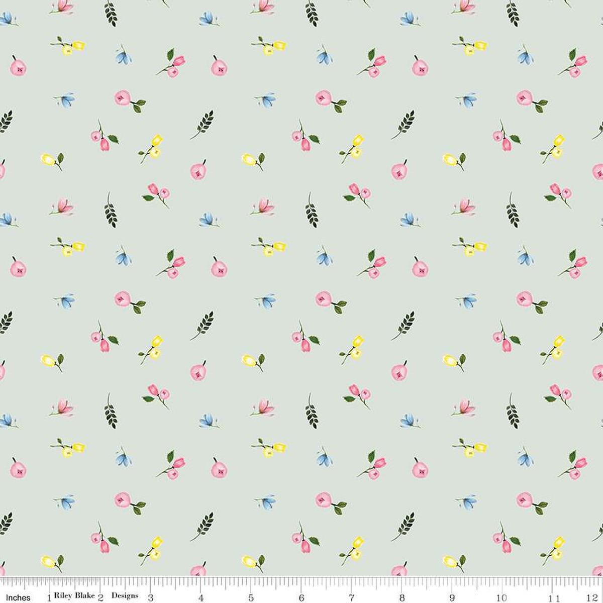 Image of the Sweet Spring Ditsy Seafoam quilting cotton fabric by Hester & Cook for Riley Blake Designs. Features flowers on a blue background. Cute Little Fabric Shop