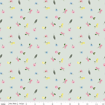 Image of the Sweet Spring Ditsy Seafoam quilting cotton fabric by Hester & Cook for Riley Blake Designs. Features flowers on a blue background. Cute Little Fabric Shop